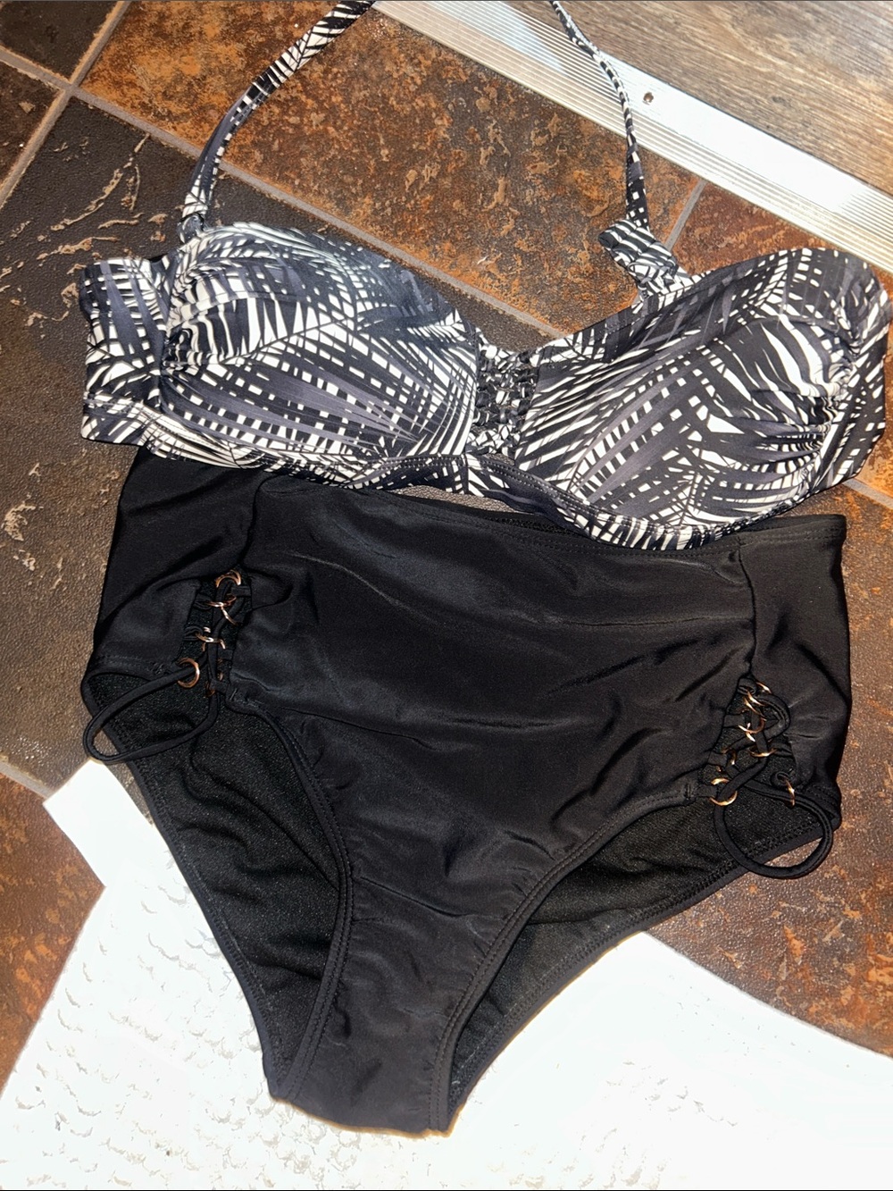 Black High-Waist Bikini Bottom with Black & White Printed Top
